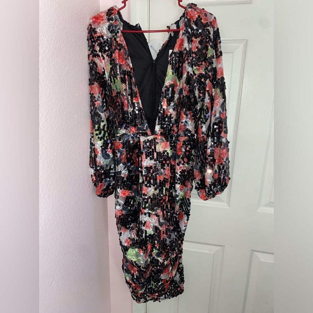 BOOHOO OCCASION SEQUIN PUFF SLEEVE MIDI DRESS